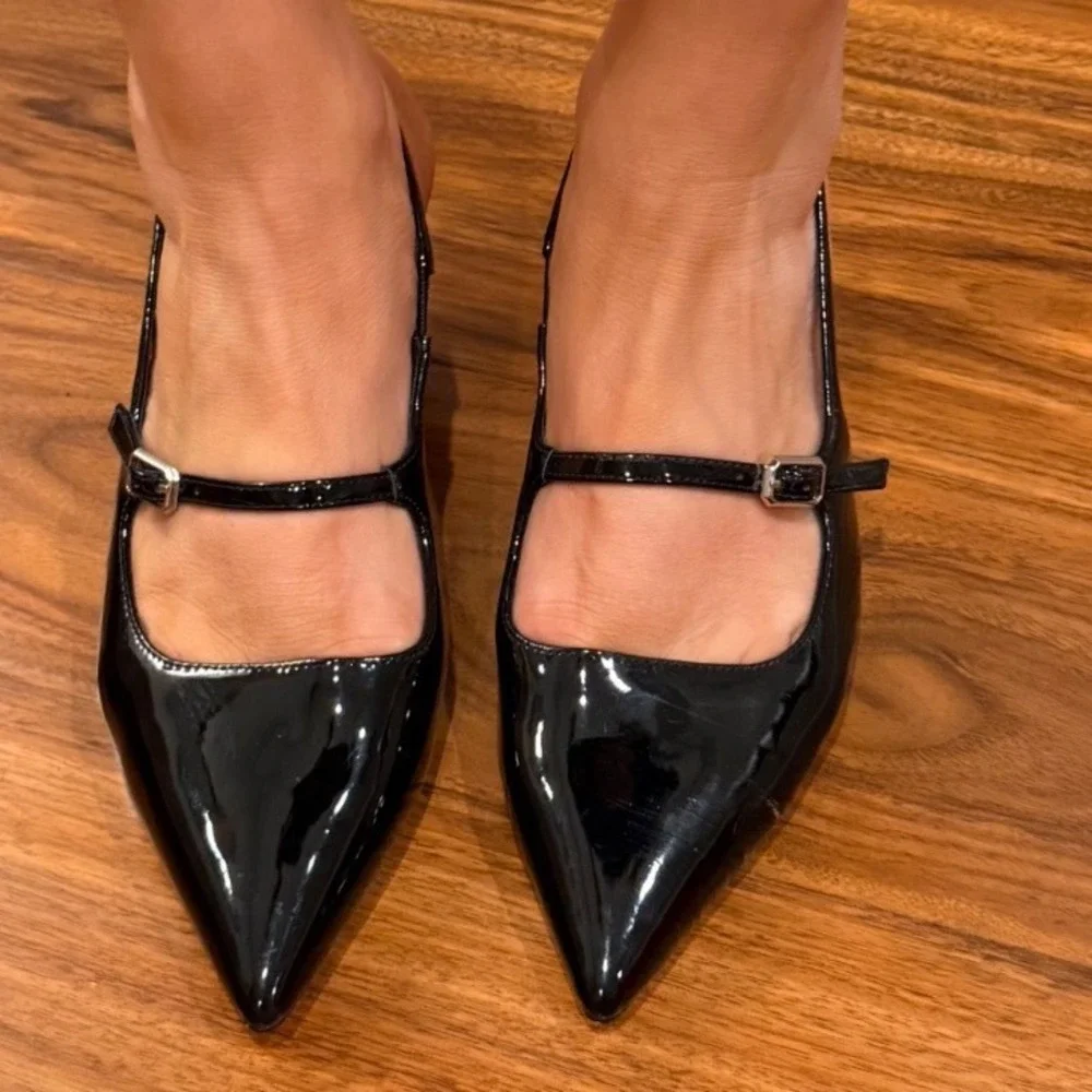 Black Patent Mary Jane Kitten Heels Pointed Toe Slingback Pumps Size 7